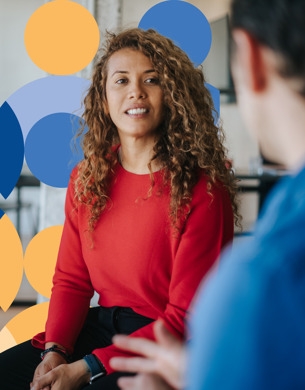 A leadership coach speaking with a client