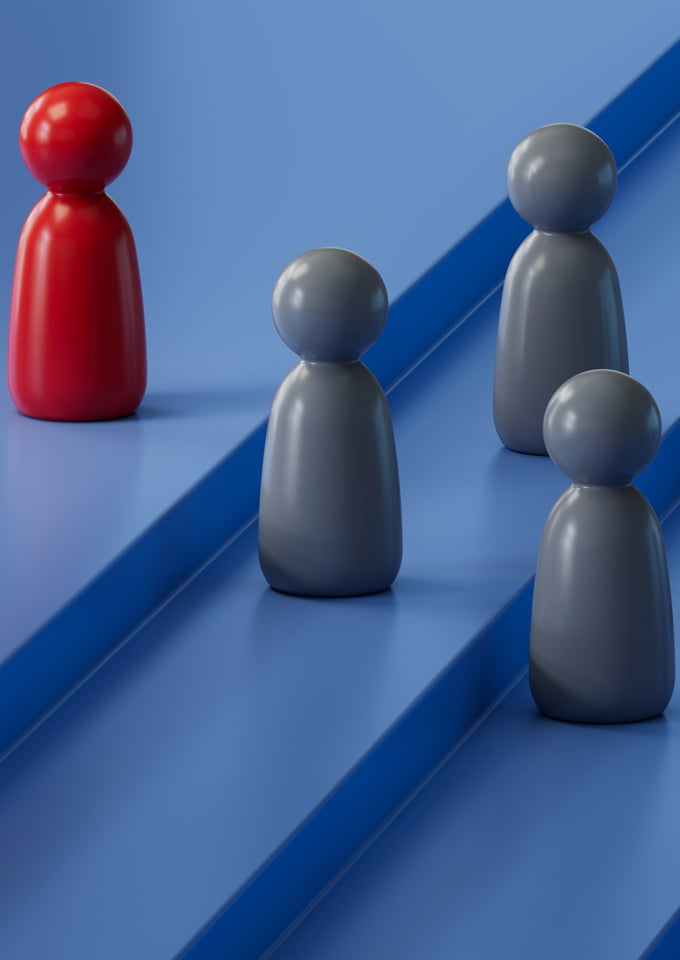 Red and gray figures on a blue pathway